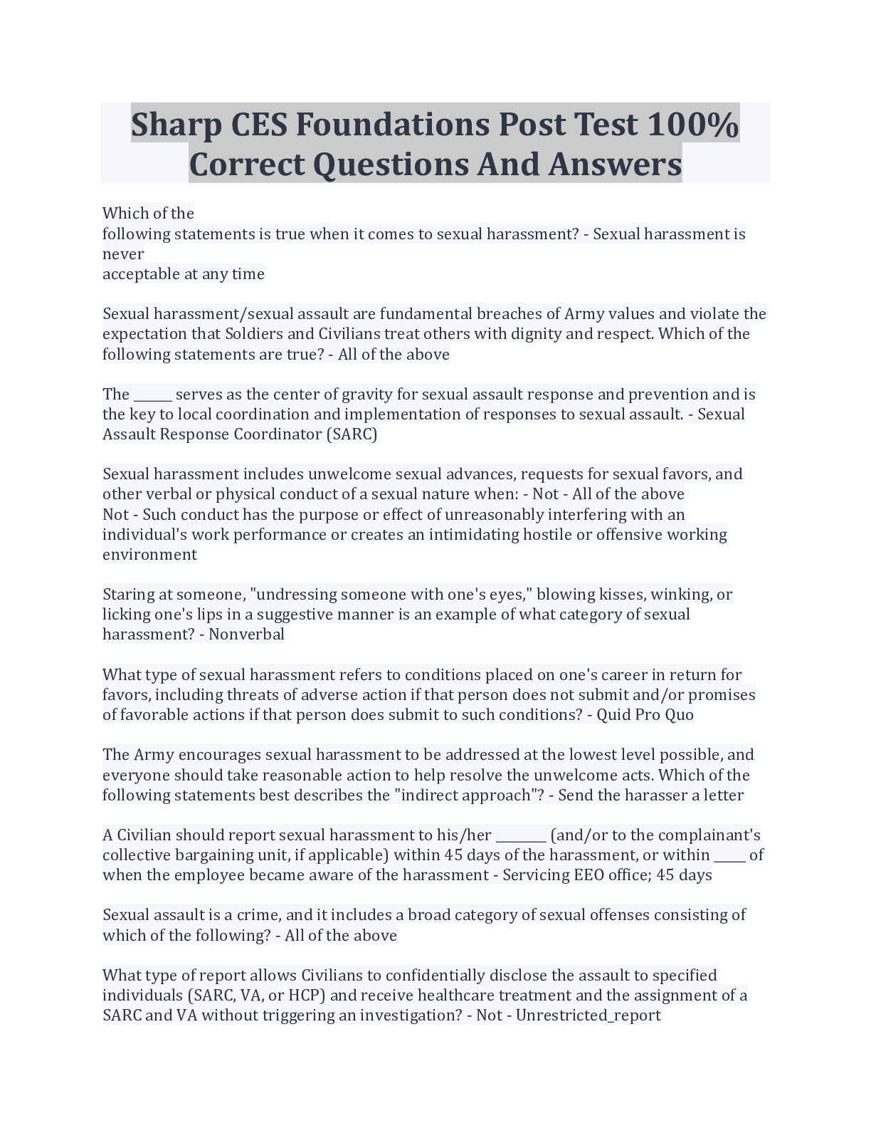 Preview of Sharp CES Foundations Post Test 100% Correct Questions And Answers